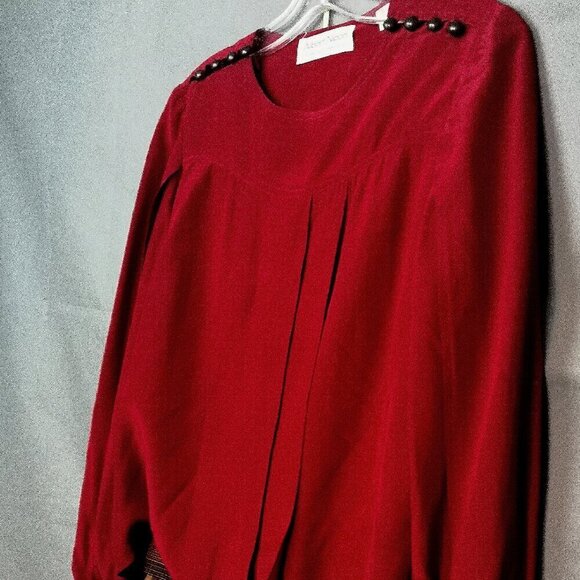 80s Vintage Designer Pleat Red Silk Crepe de Chine Long Sleeve Loose Fit Blouse - Picture 8 of 10